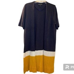 Lane Bryant cardigan, size 14/16. Navy Blue with white and gold.